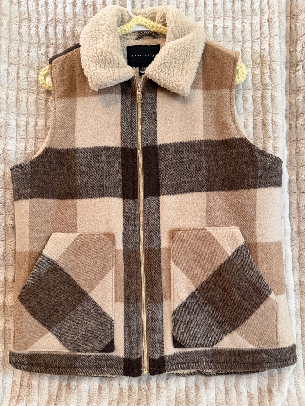 Sanctuary Womens Brown Plaid Sherpa-Trim Zip Vest